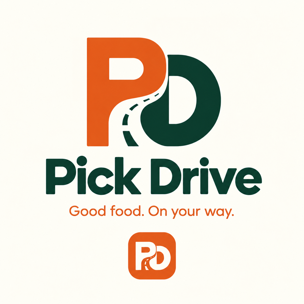 Pick Drive P and D road monogram, with the tagline Good food. On your way.
